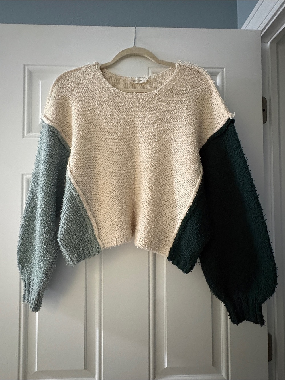 Colorblock Crewneck Sweater in Cream with Green Sleeves
